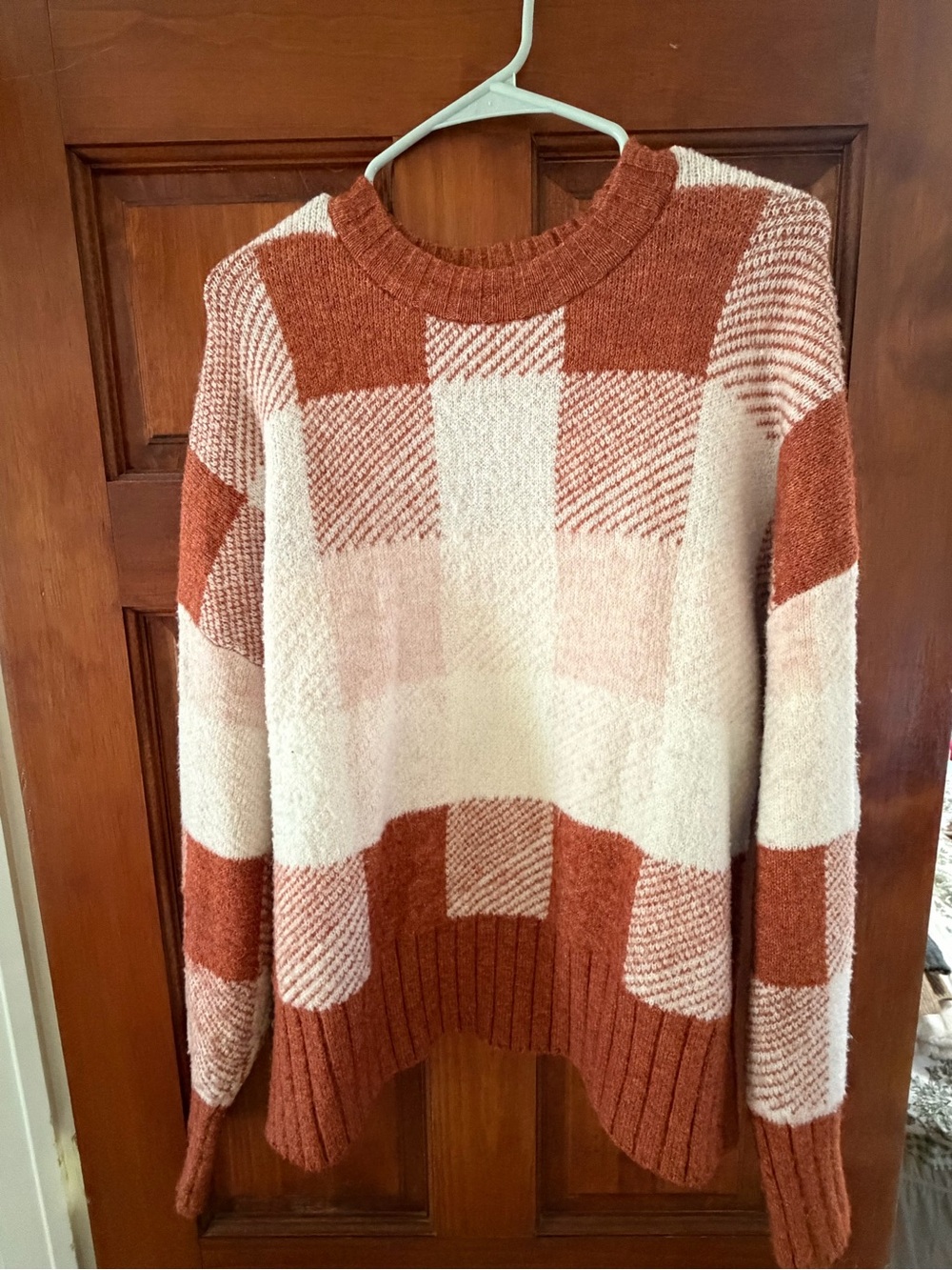 a new day Rust and Cream Checkered Crewneck Sweater